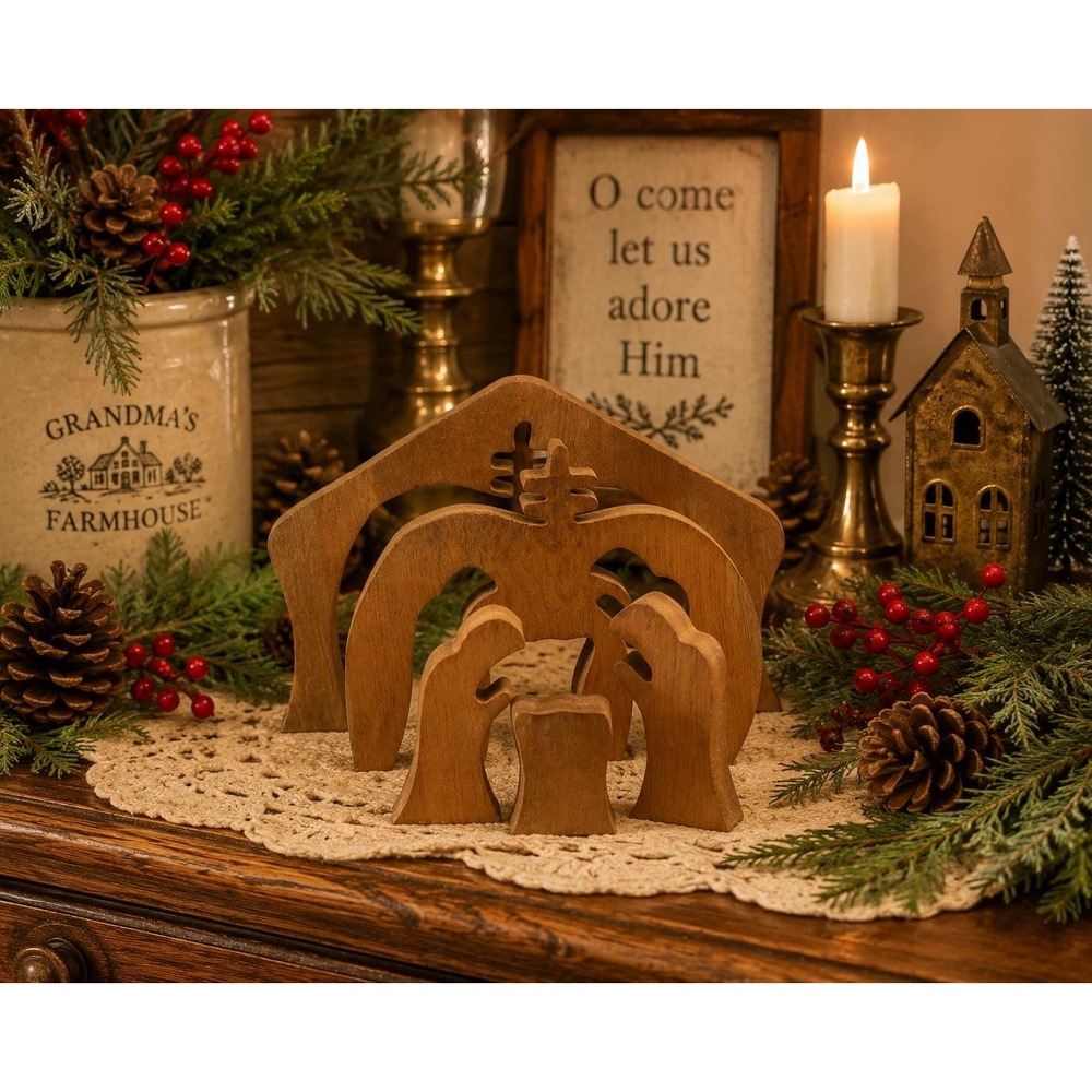 Wooden Nativity Scene Christmas Creche, Primitive Wood Holy Family, Rustic VTG